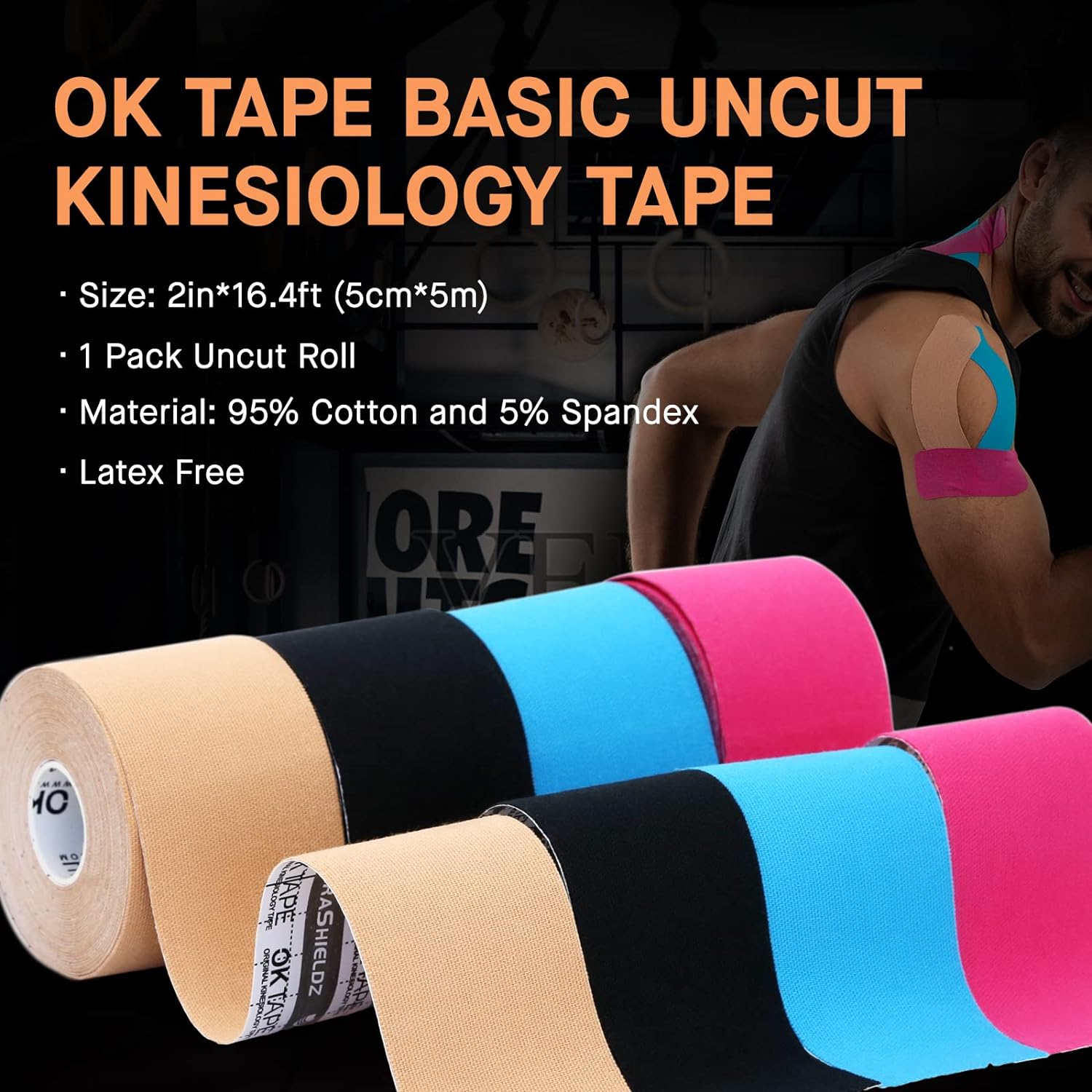 OK TAPE Kinesiology Tape Basic Original Cotton Elastic Athletic Tape for Support and Recovery, 5cmx5m Uncut Roll - Black-3