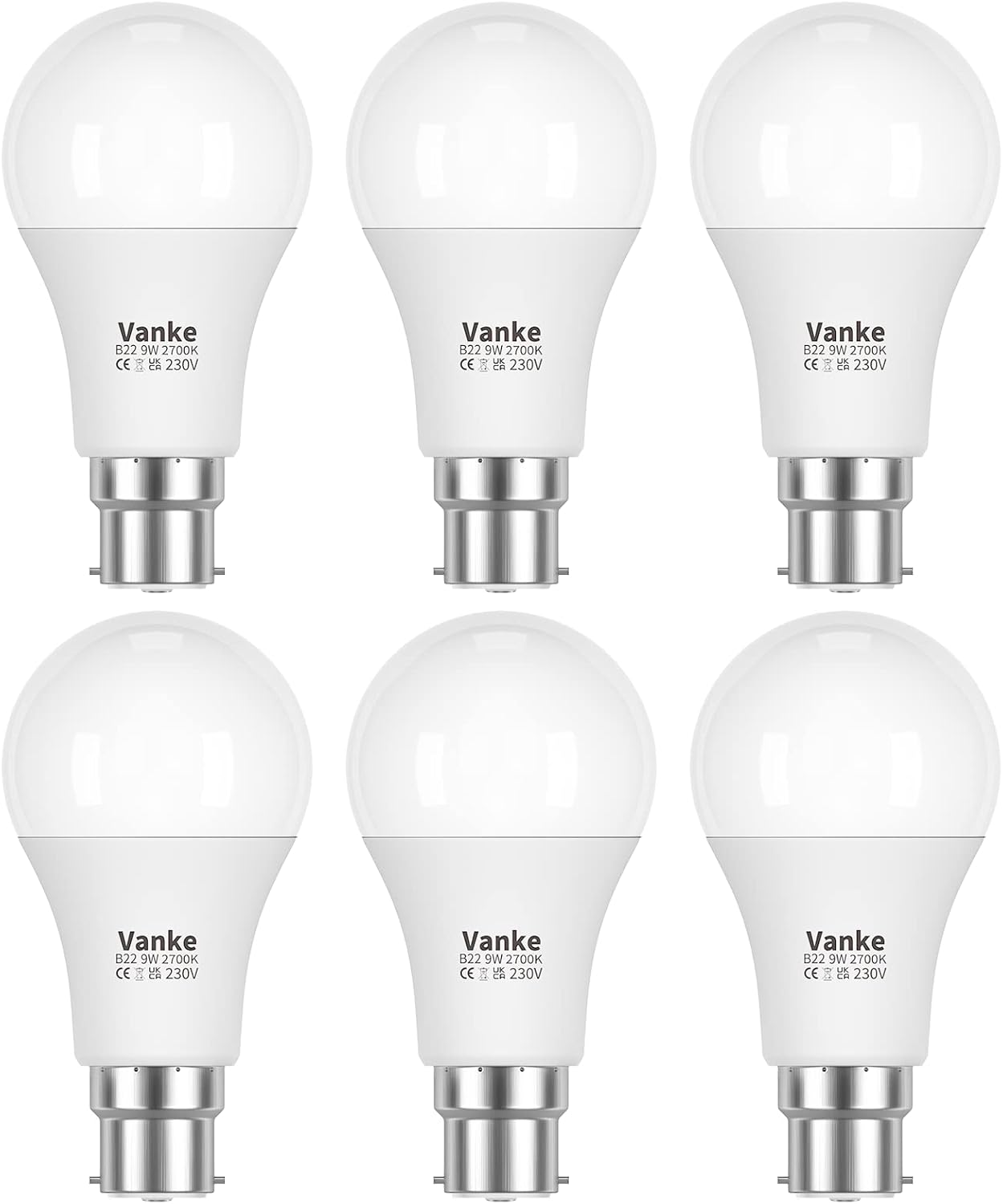 Vanke Bayonet Light Bulb, 9w (60w Equivalent), 2700K Warm White B22 LED Bulbs, 806 Lumen, Non-Dimmable, Pack of 6-0