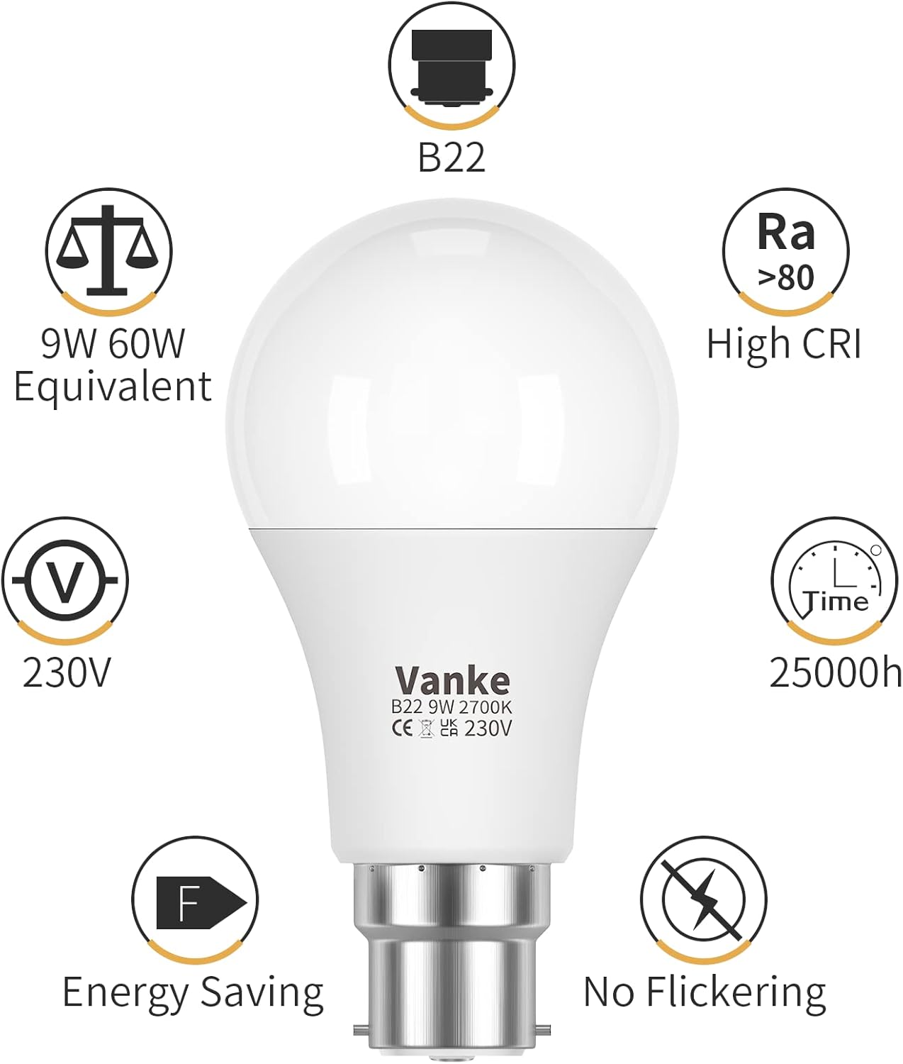 Vanke Bayonet Light Bulb, 9w (60w Equivalent), 2700K Warm White B22 LED Bulbs, 806 Lumen, Non-Dimmable, Pack of 6-2