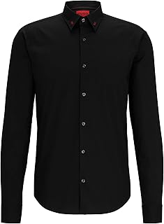 HUGO Mens Ermo Logo-Collar Slim-fit Shirt in Stretch-Cotton Canvas