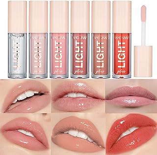 6Pcs Lip Oil Light Lip Gloss Set Moisturizing Lip Glow Oil Long Lasting Waterproof Liquid Lipstick Crystal Jelly Lip Tinted Liquid Lipstick for Girls and Women (Set A)