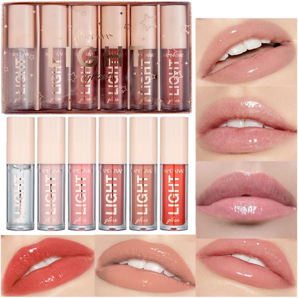 6Pcs Lip Oil Light Lip Gloss Set Moisturizing Lip Glow Oil Long Lasting Waterproof Liquid Lipstick Crystal Jelly Lip Tinted Liquid Lipstick for Girls and Women (Set A)-1