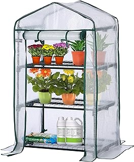 EPROSMIN Mini Greenhouse with 3 Shelves, Waterproof PE Plastic Cover, Roll up Double Zipper Door, Sturdy Steel Frame for Garden and Outdoor – Size H125cm x W69cm x D49cm