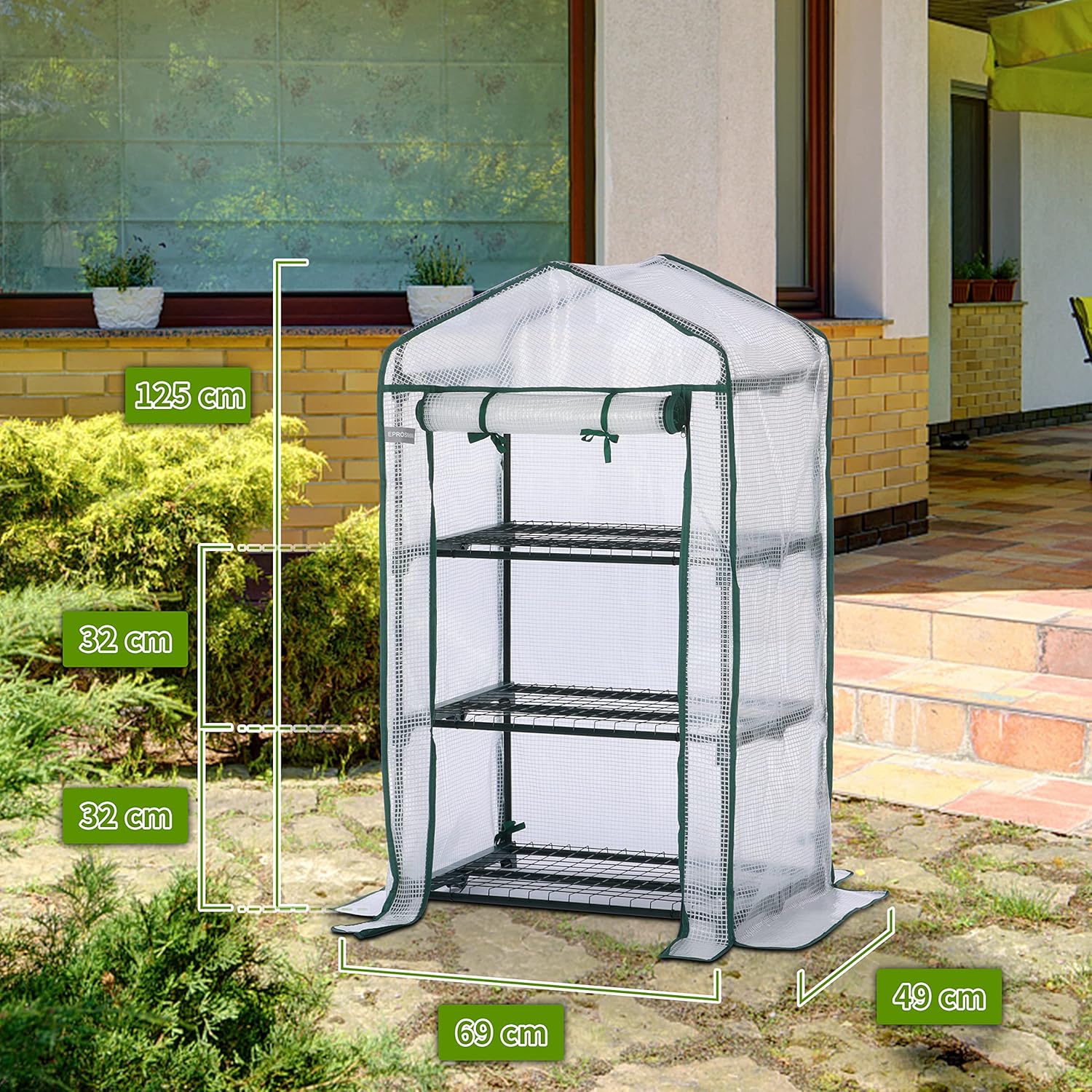 EPROSMIN Mini Greenhouse with 3 Shelves, Waterproof PE Plastic Cover, Roll up Double Zipper Door, Sturdy Steel Frame for Garden and Outdoor – Size H125cm x W69cm x D49cm-3