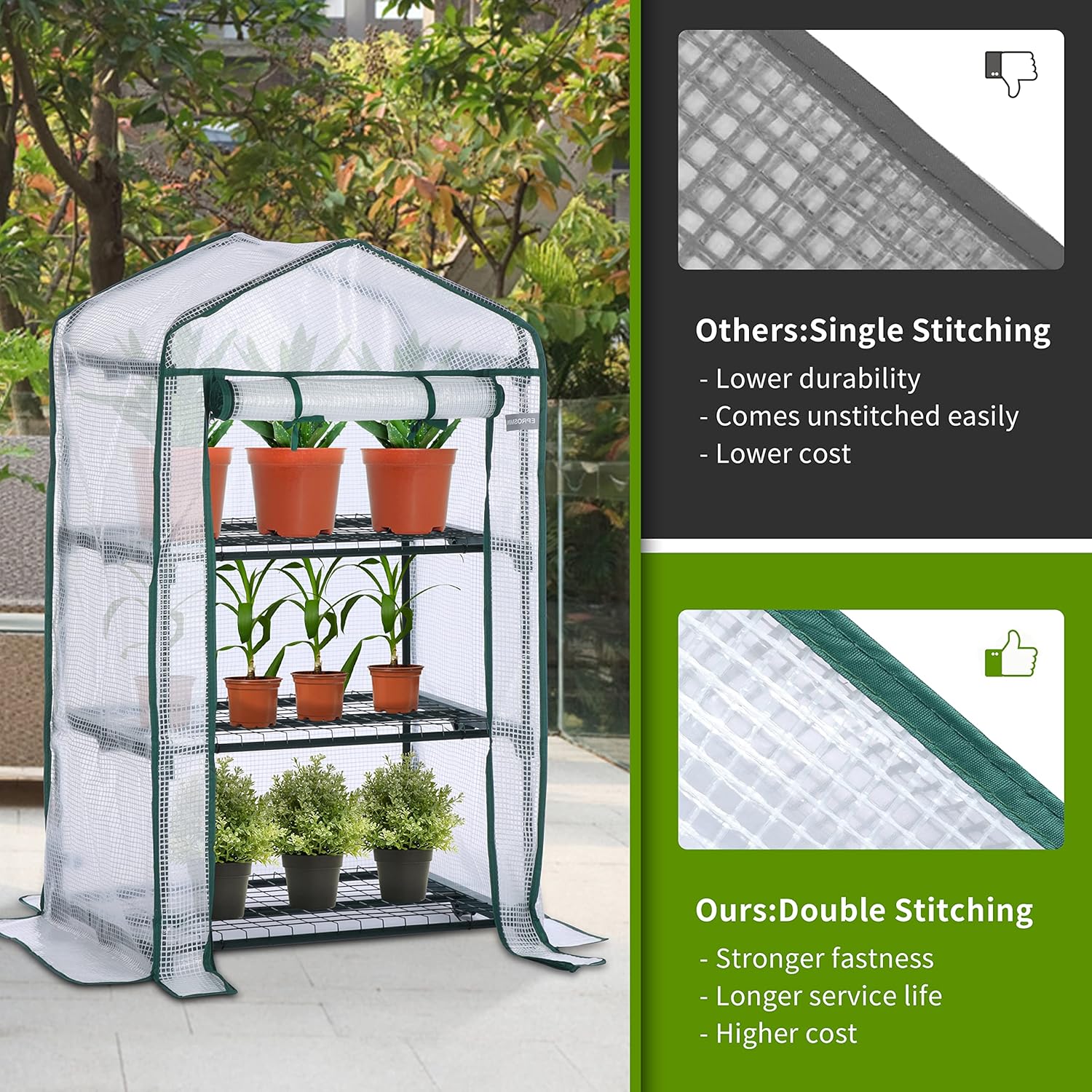 EPROSMIN Mini Greenhouse with 3 Shelves, Waterproof PE Plastic Cover, Roll up Double Zipper Door, Sturdy Steel Frame for Garden and Outdoor – Size H125cm x W69cm x D49cm-4