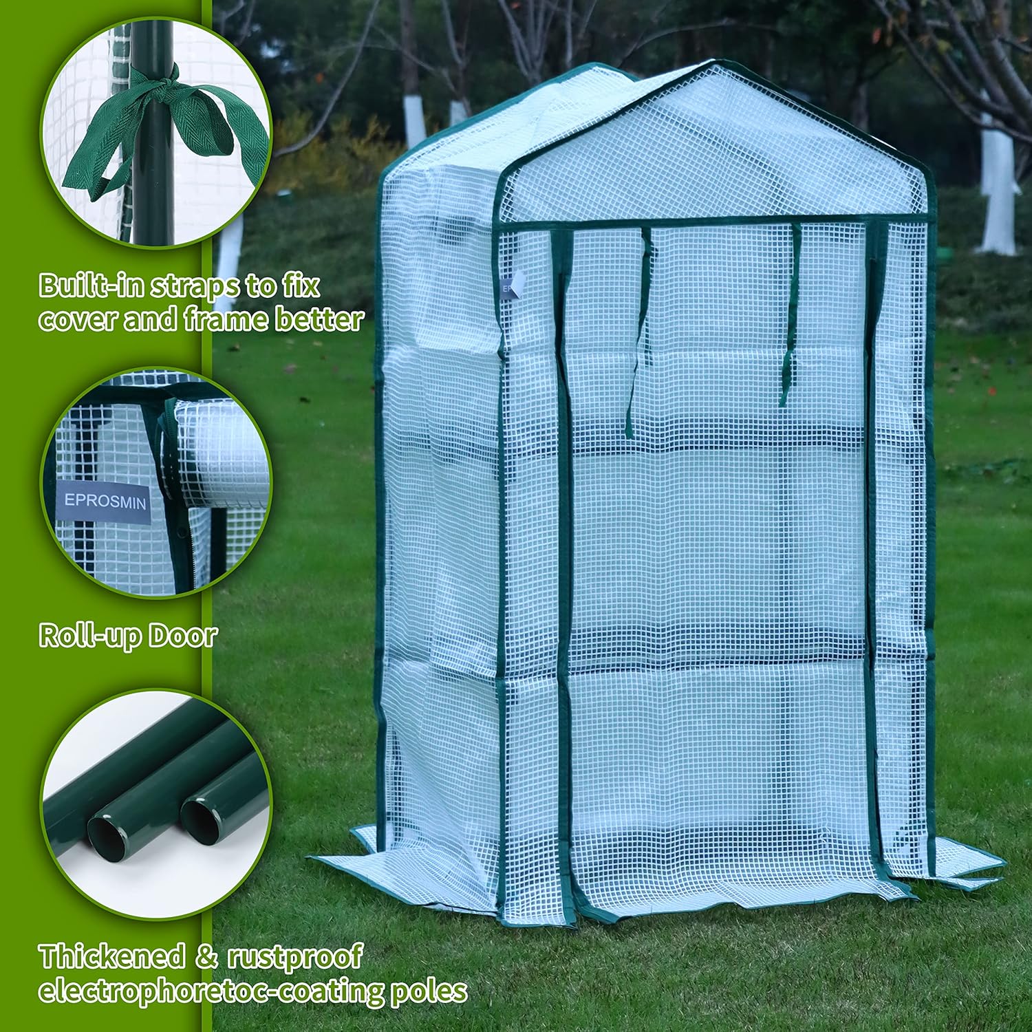 EPROSMIN Mini Greenhouse with 3 Shelves, Waterproof PE Plastic Cover, Roll up Double Zipper Door, Sturdy Steel Frame for Garden and Outdoor – Size H125cm x W69cm x D49cm-6