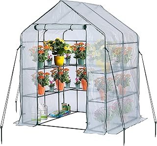 EPROSMIN Walk In Greenhouse With 10 Shelves, Reinforced PE Plastic Cover With Sturdy Steel Frame, Greenhouse/Plant Nursery for Gardens, Patios or Spaces Size, Easy to Assemble, 143x143x195cm