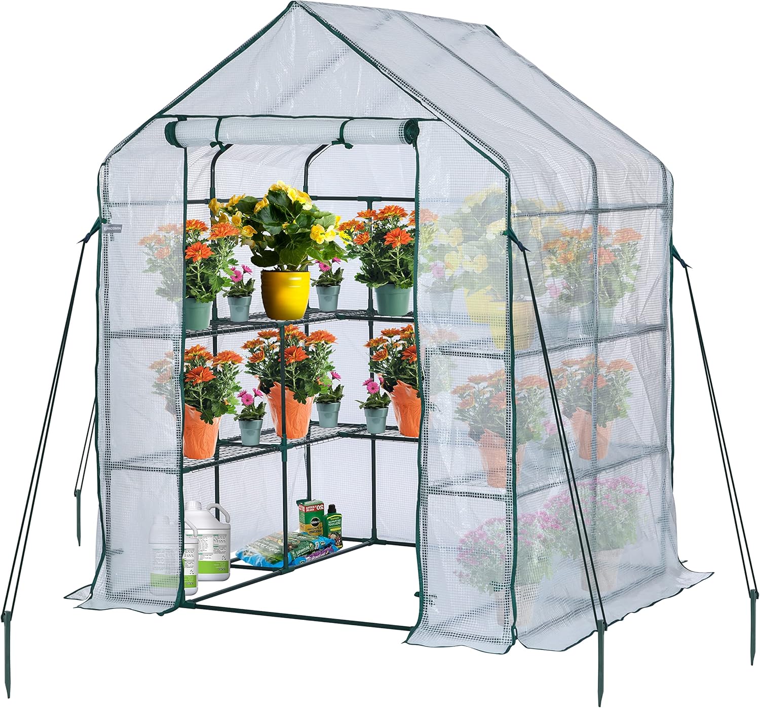 EPROSMIN Walk In Greenhouse With 10 Shelves, Reinforced PE Plastic Cover With Sturdy Steel Frame, Greenhouse/Plant Nursery for Gardens, Patios or Spaces Size, Easy to Assemble, 143x143x195cm-0