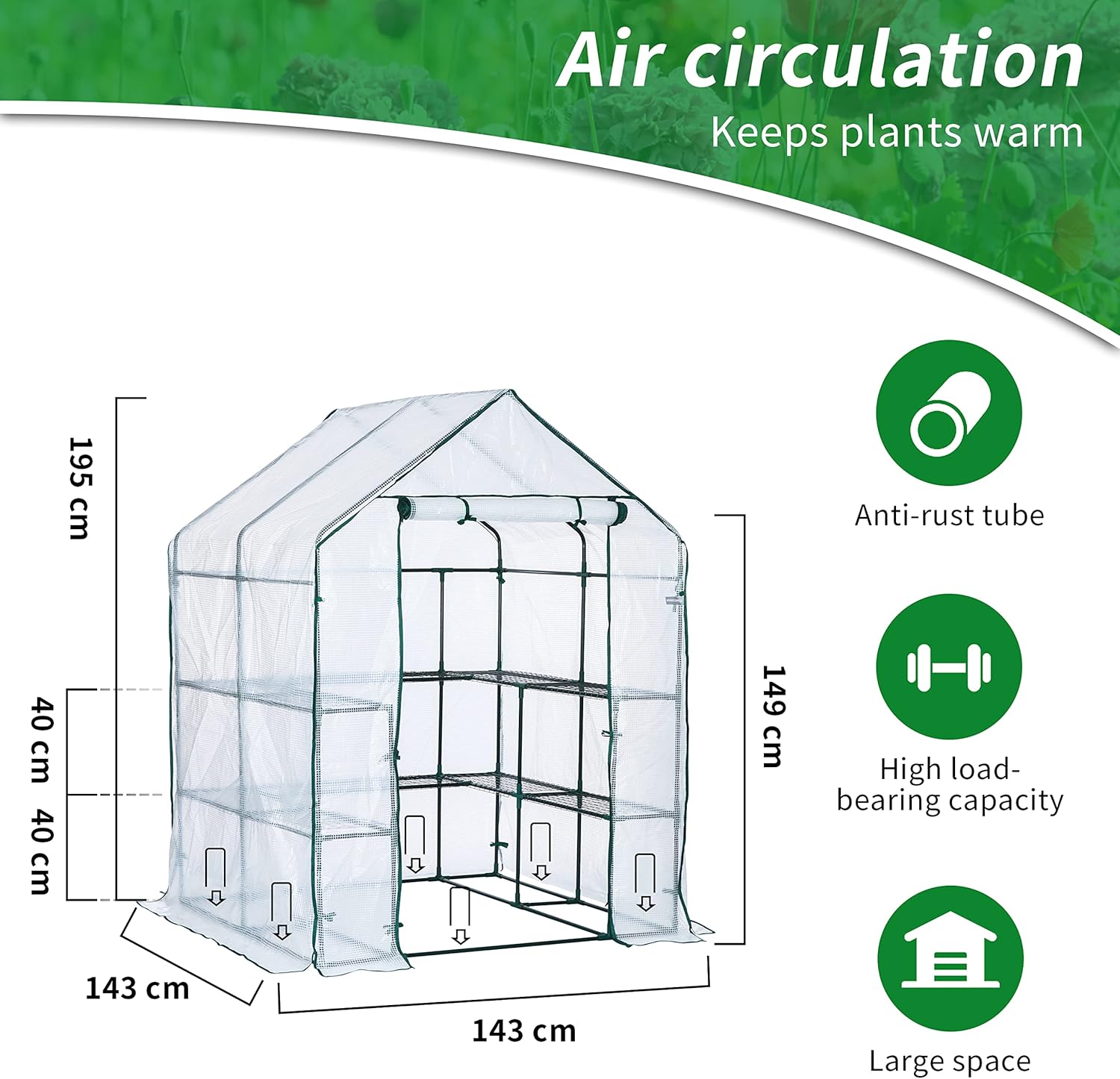 EPROSMIN Walk In Greenhouse With 10 Shelves, Reinforced PE Plastic Cover With Sturdy Steel Frame, Greenhouse/Plant Nursery for Gardens, Patios or Spaces Size, Easy to Assemble, 143x143x195cm-2