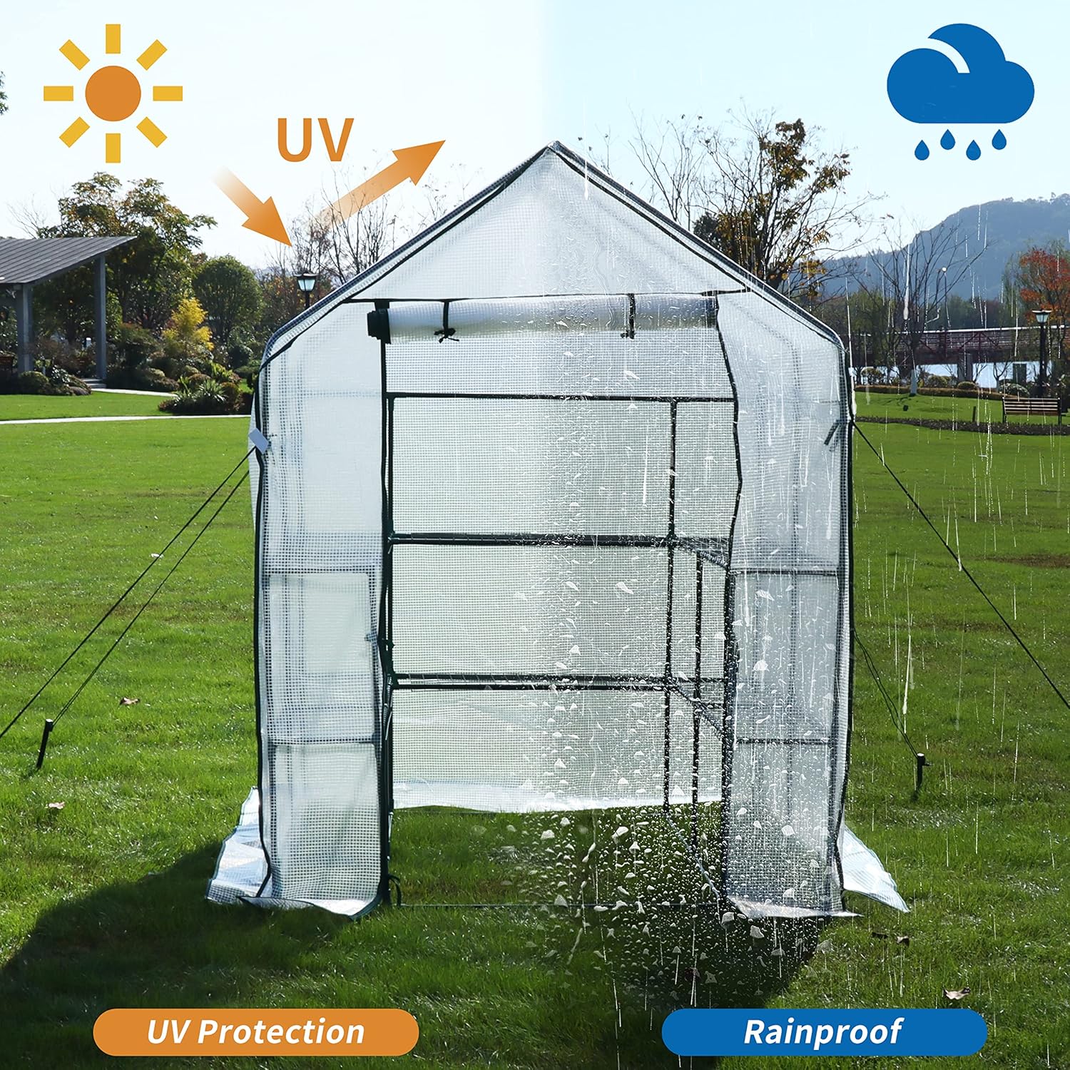 EPROSMIN Walk In Greenhouse With 10 Shelves, Reinforced PE Plastic Cover With Sturdy Steel Frame, Greenhouse/Plant Nursery for Gardens, Patios or Spaces Size, Easy to Assemble, 143x143x195cm-3