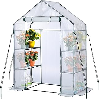 EPROSMIN Walk In Greenhouse with Steel Frame and Reinforced PE Plastic Cover, 3 Tier 4 Wired Shelves, Greenhouse/Plant Nursery for Small Gardens, Patios, Perfect for Tomato Growing, Easy to Assemble