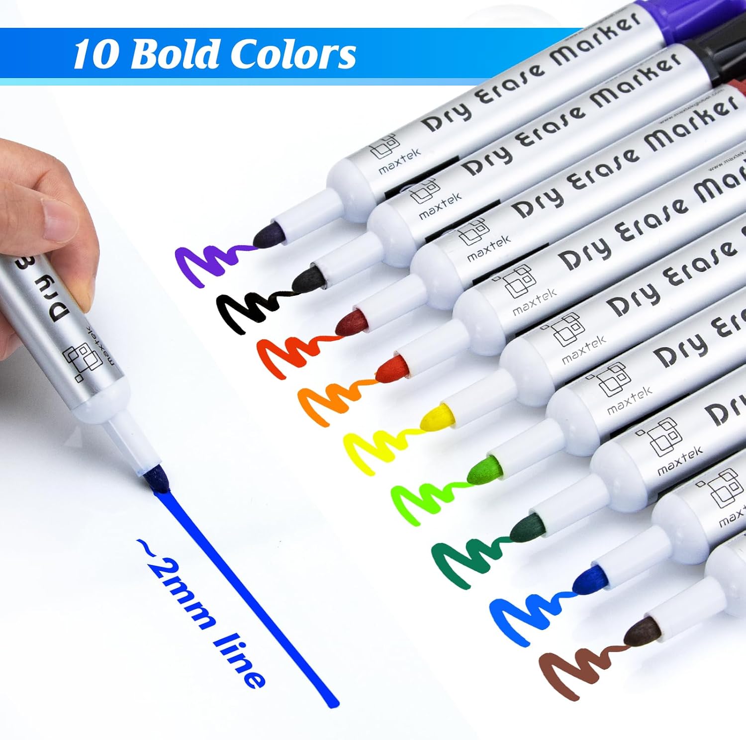 maxtek Whiteboard Markers Bullet Tip, Dry Wipe Pens for Whiteboard Flip Chart, Low Odor Whiteboard Pens, White Board Markers Erasable for School Office Home - Assorted Colours (Pack of 10)-2