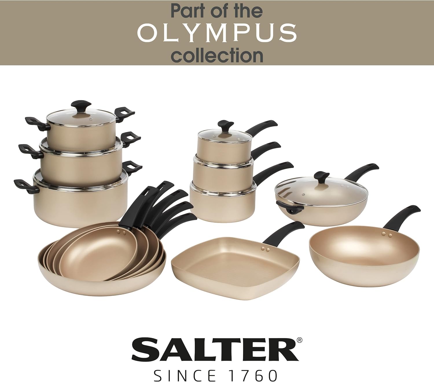 Salter COMBO-8231 Stir Fry Set, Non-Stick Pans, Induction Hob Suitable, Aluminium Body, Easy Clean, Soft-Touch Handles, PFOA-Free, Olympus Collection, 24/28 cm, Gold-5