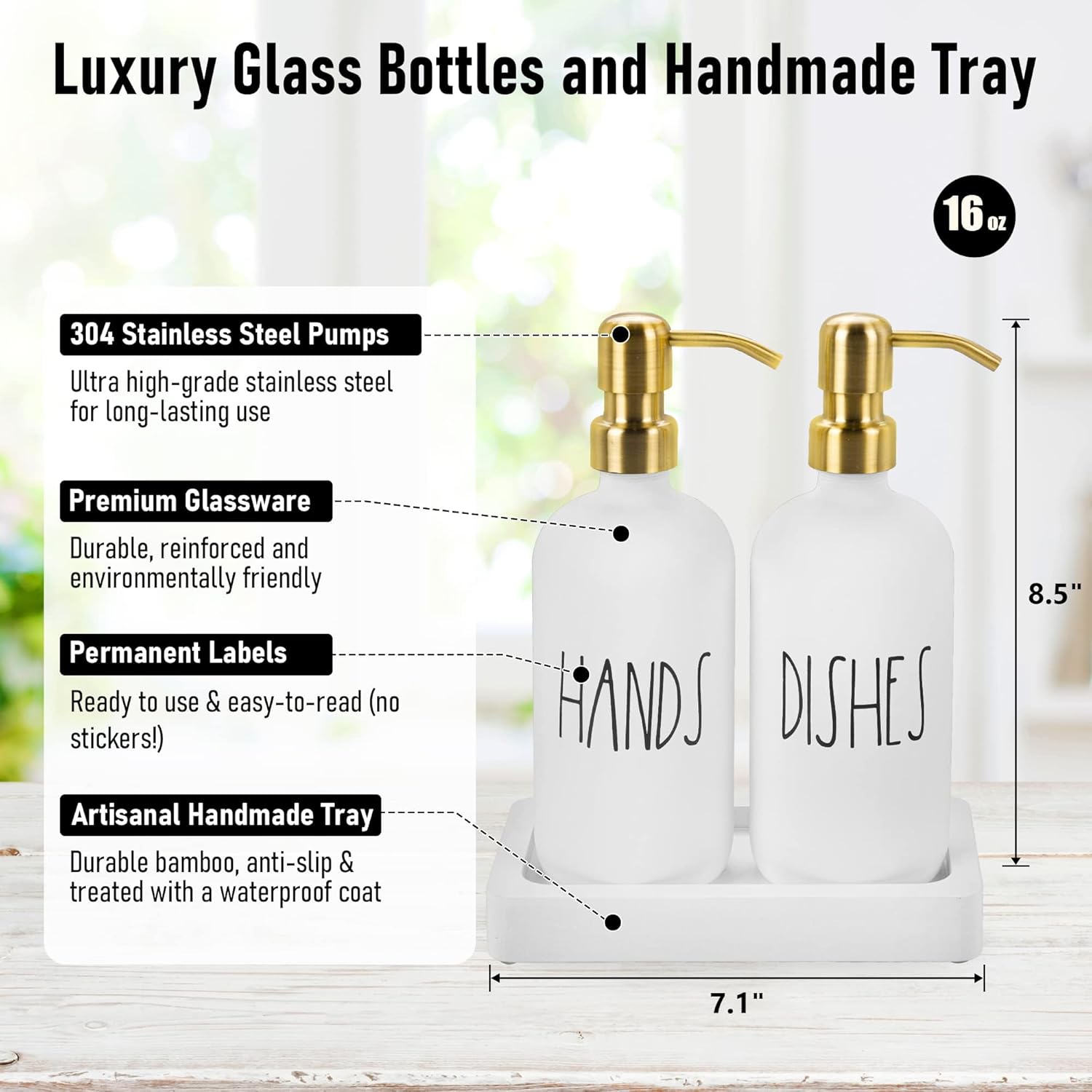 Luxury Gold Soap Dispenser for Kitchen Sink by Brighter Barns - White Glass Kitchen Soap Dispenser Set with Tray & Stainless Steel Pump - Modern Farmhouse Decor, White and Gold Kitchen Accessories-1