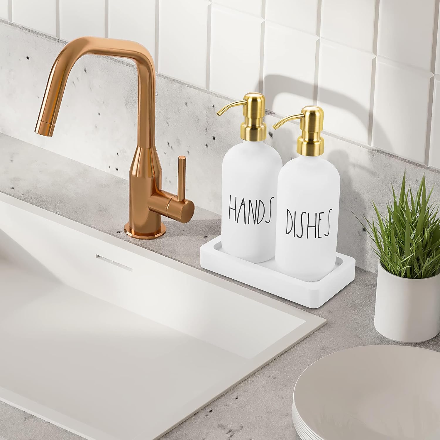 Luxury Gold Soap Dispenser for Kitchen Sink by Brighter Barns - White Glass Kitchen Soap Dispenser Set with Tray & Stainless Steel Pump - Modern Farmhouse Decor, White and Gold Kitchen Accessories-2