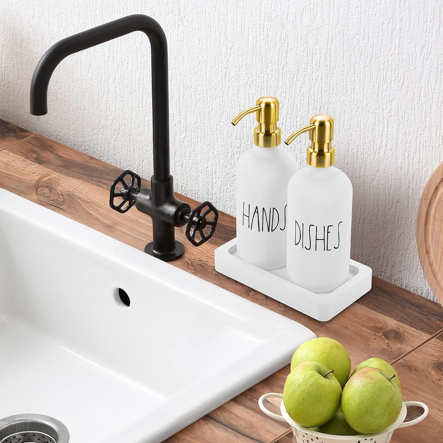 Luxury Gold Soap Dispenser for Kitchen Sink by Brighter Barns - White Glass Kitchen Soap Dispenser Set with Tray & Stainless Steel Pump - Modern Farmhouse Decor, White and Gold Kitchen Accessories-7