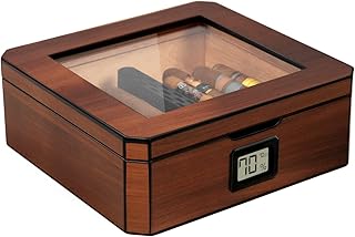 CASE ELEGANCE MAG Desktop Humidor, Walnut Finish, Holds 20-30 Cigars, Glass Top with Magnetic Seal, Octagon Shape, Digital Hygrometer, Spanish Cedar, New Hydro Channel, Includes Humidor Solution