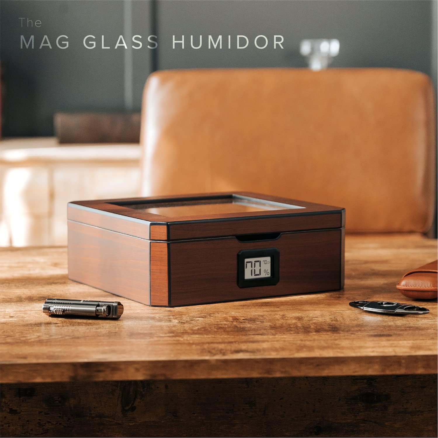 CASE ELEGANCE MAG Desktop Humidor, Walnut Finish, Holds 20-30 Cigars, Glass Top with Magnetic Seal, Octagon Shape, Digital Hygrometer, Spanish Cedar, New Hydro Channel, Includes Humidor Solution-1