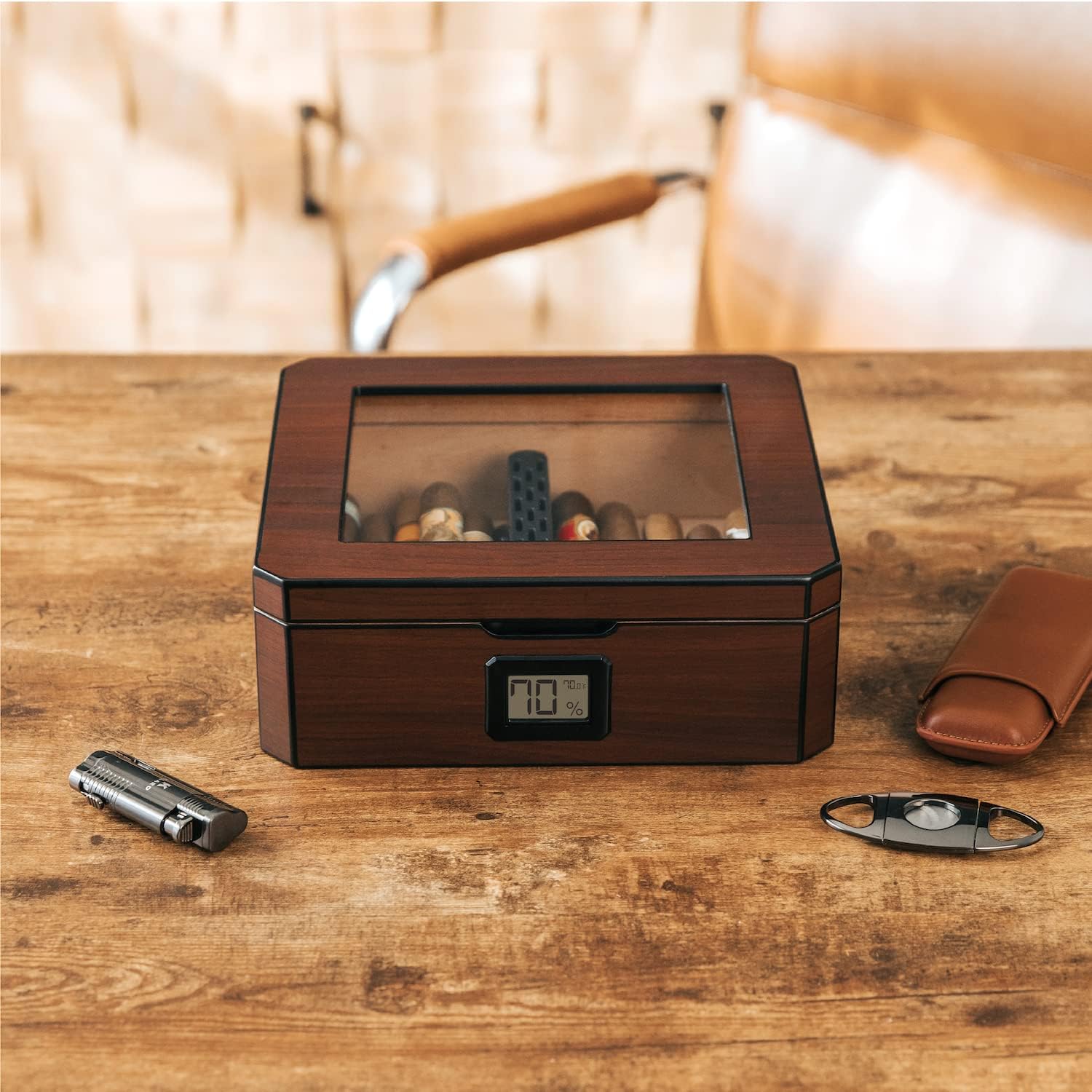 CASE ELEGANCE MAG Desktop Humidor, Walnut Finish, Holds 20-30 Cigars, Glass Top with Magnetic Seal, Octagon Shape, Digital Hygrometer, Spanish Cedar, New Hydro Channel, Includes Humidor Solution-4