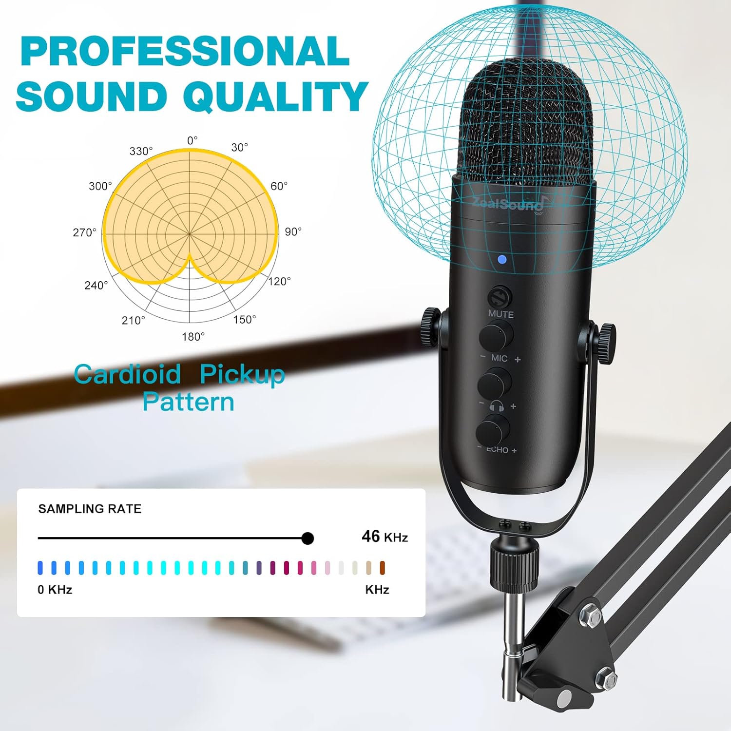 zealsound USB Microphone Kit, Condenser Podcast Mic Bundle for PC Phone Mac PS5, Gaming Microphone with Mute/Gain/Echo/Boom Arm for Twitch,Vocal Recording, Streaming,Voice Over, ASMR, YouTuber, k66S-2