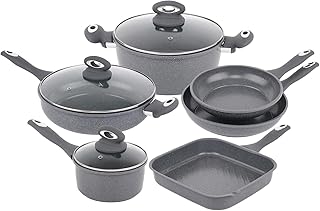 Gr8 Home Forged 9 Piece Grey Marble Carbon Steel Cookware Set Non Stick Cooking Pot Frying Grill Pan Saucepan Kitchenware with Lids New Improved Quality Stock May 2024