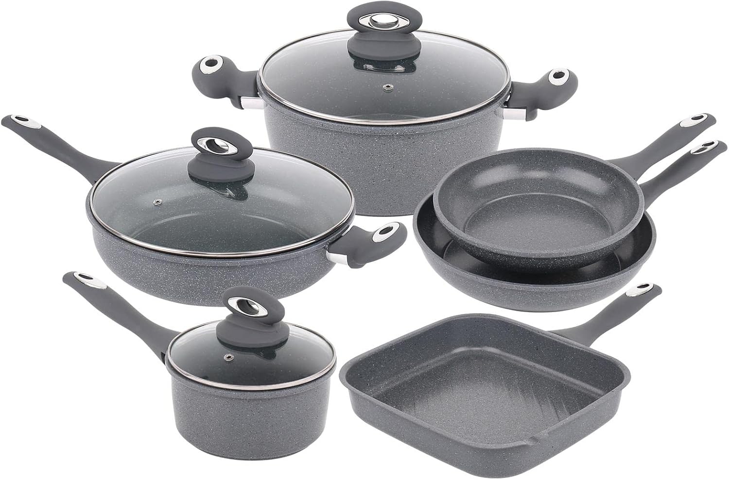 Gr8 Home Forged 9 Piece Grey Marble Carbon Steel Cookware Set Non Stick Cooking Pot Frying Grill Pan Saucepan Kitchenware with Lids New Improved Quality Stock May 2024-0