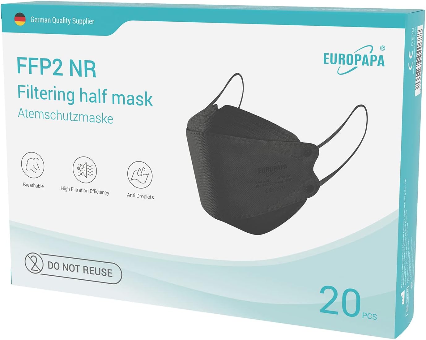 EUROPAPA® 40x FFP2 Fish-Shape And 3D-Shape Masks Respirator Mask 4-Layer Dust Protection Masks Hygienically Individually Packed Body Certified EN149:2001+A1:2009 Face Mask EU2016/425-0