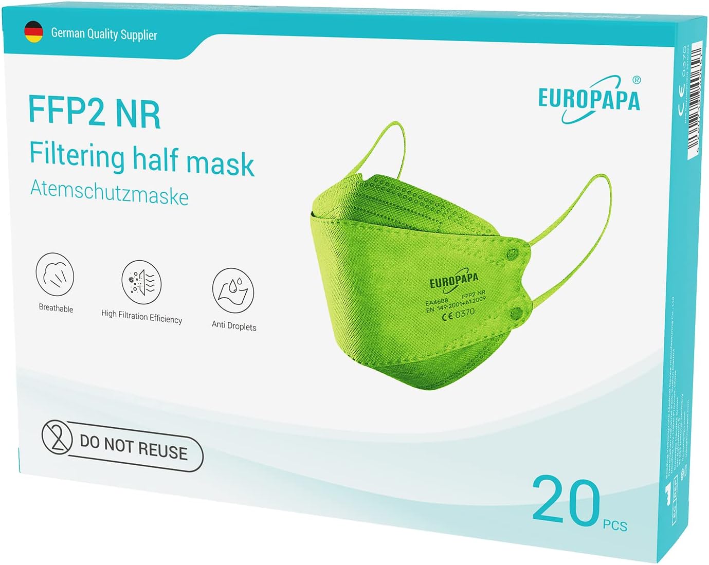 EUROPAPA® 20x FFP2 Fish Shape Masks Respirator Mask 4-Layer Dust Masks Hygienic Individually Packed Body Certified EN149 Face Mask EU2016/425-0