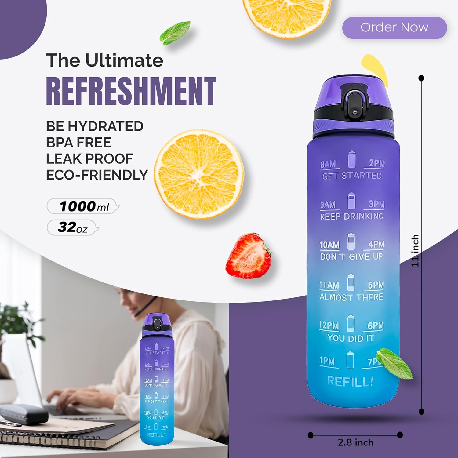 K-MART Water Bottle 1L Sports Water Bottle with Motivational Time Marker, Dishwasher Safe Leak-proof Drink Bottle BPA Free Non-Toxic for Running,cycling, Gym, School & Office-3