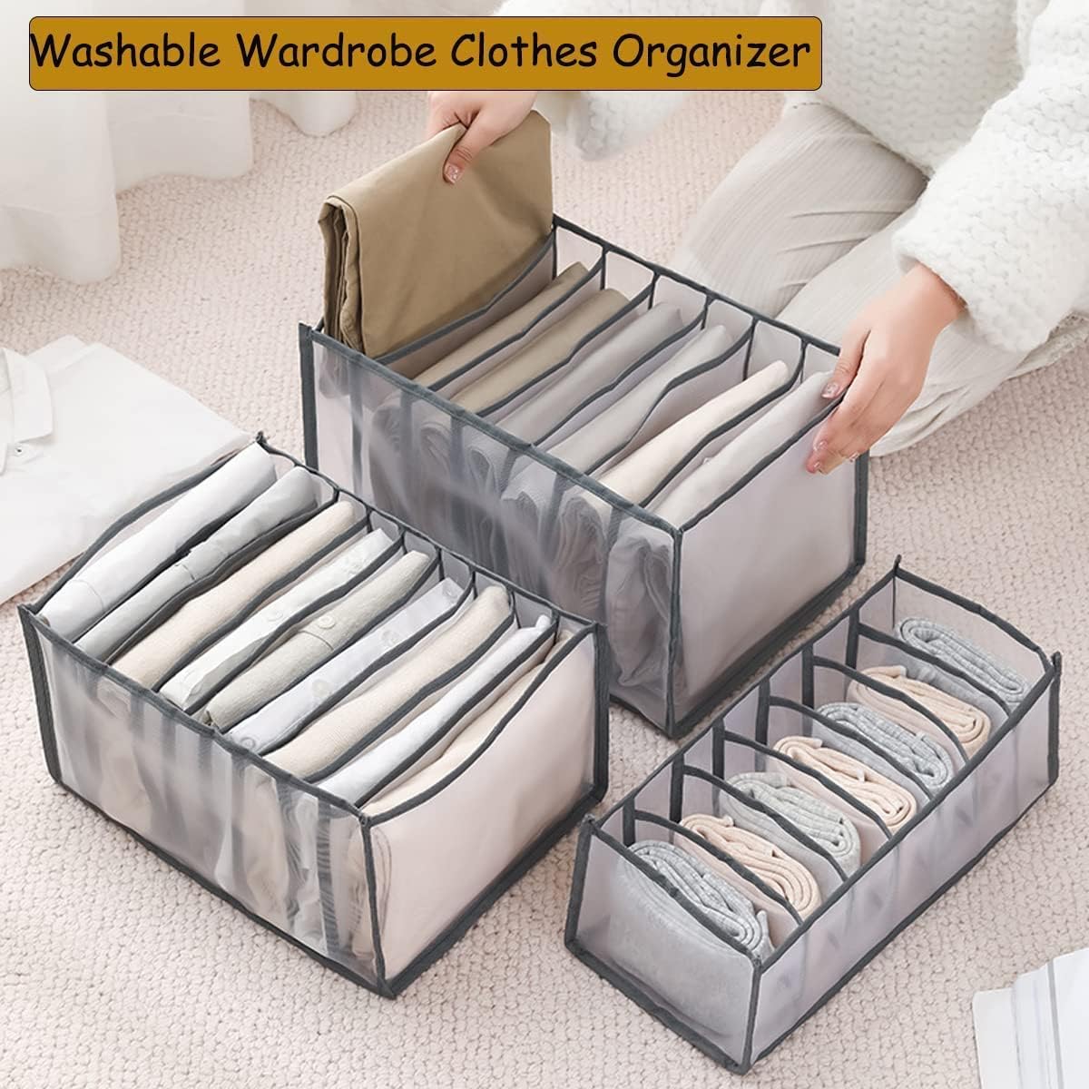 Kyzistn 4 Pack Wardrobe Clothes Organizer Foldable Closet Organizer Portable Storage Baskets Visible Grid Storage Box for T-shirt,Skirts,Jeans(Grey)-4