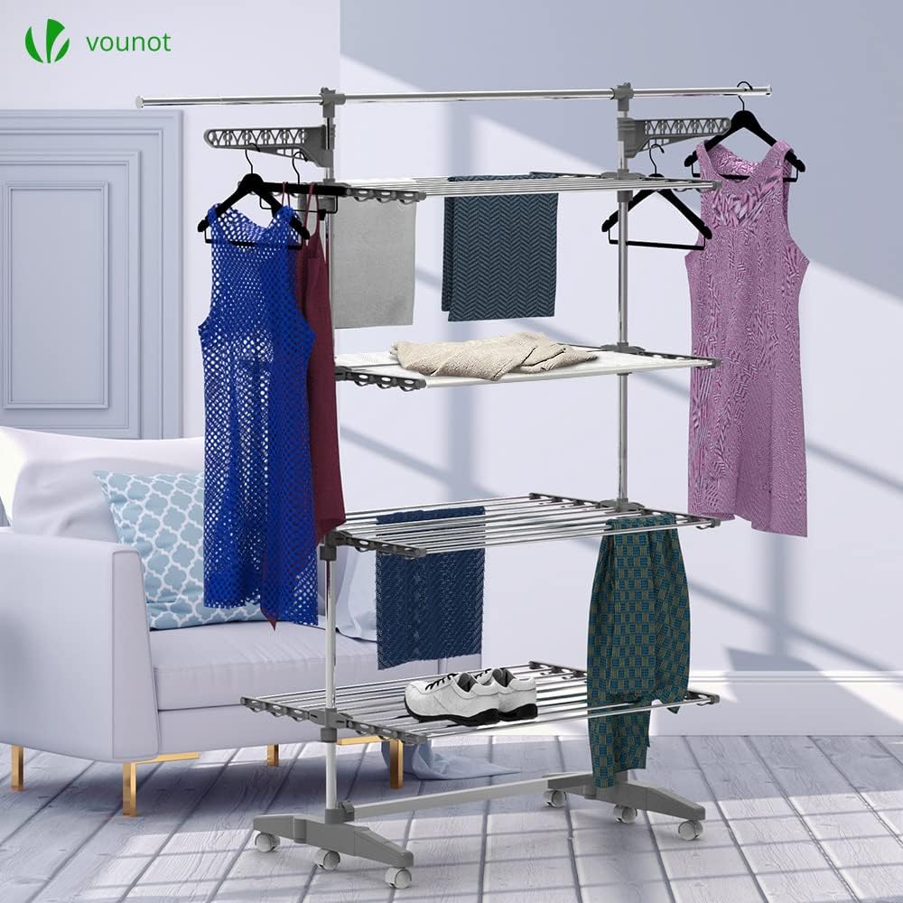 VOUNOT Large 4 Tier Clothes Airer, Laundry Drying Rack Stainless Steel Clothes Horse with Foldable Wings, Telescopic Rod for Indoor Outdoor-1