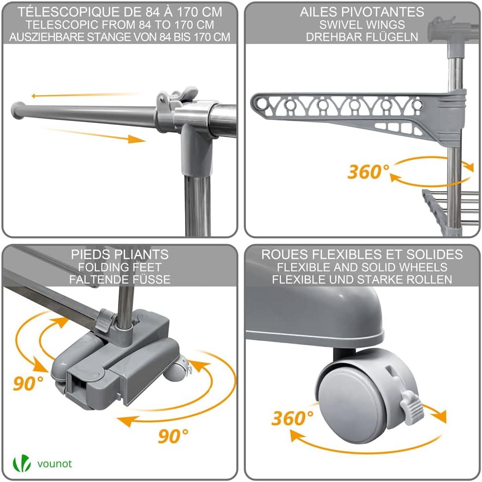VOUNOT Large 4 Tier Clothes Airer, Laundry Drying Rack Stainless Steel Clothes Horse with Foldable Wings, Telescopic Rod for Indoor Outdoor-2