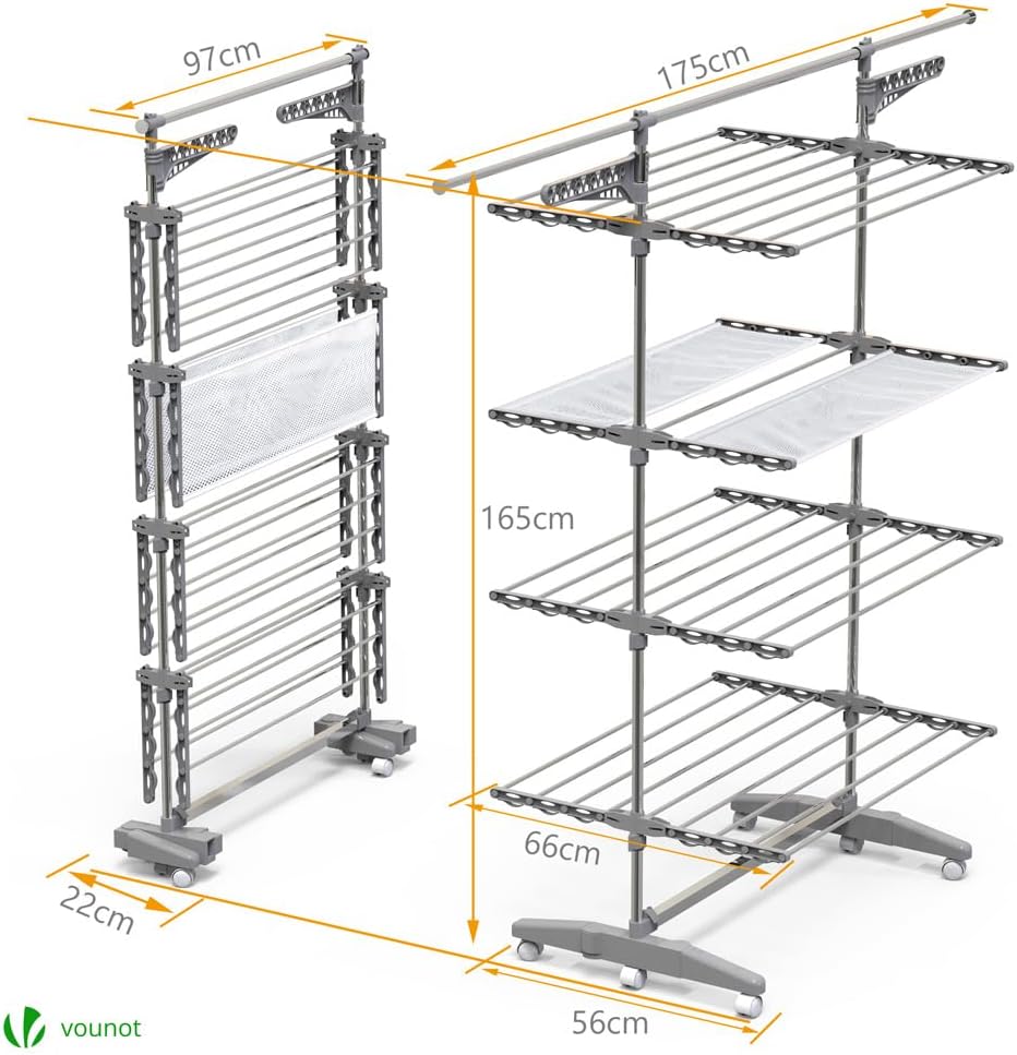 VOUNOT Large 4 Tier Clothes Airer, Laundry Drying Rack Stainless Steel Clothes Horse with Foldable Wings, Telescopic Rod for Indoor Outdoor-3