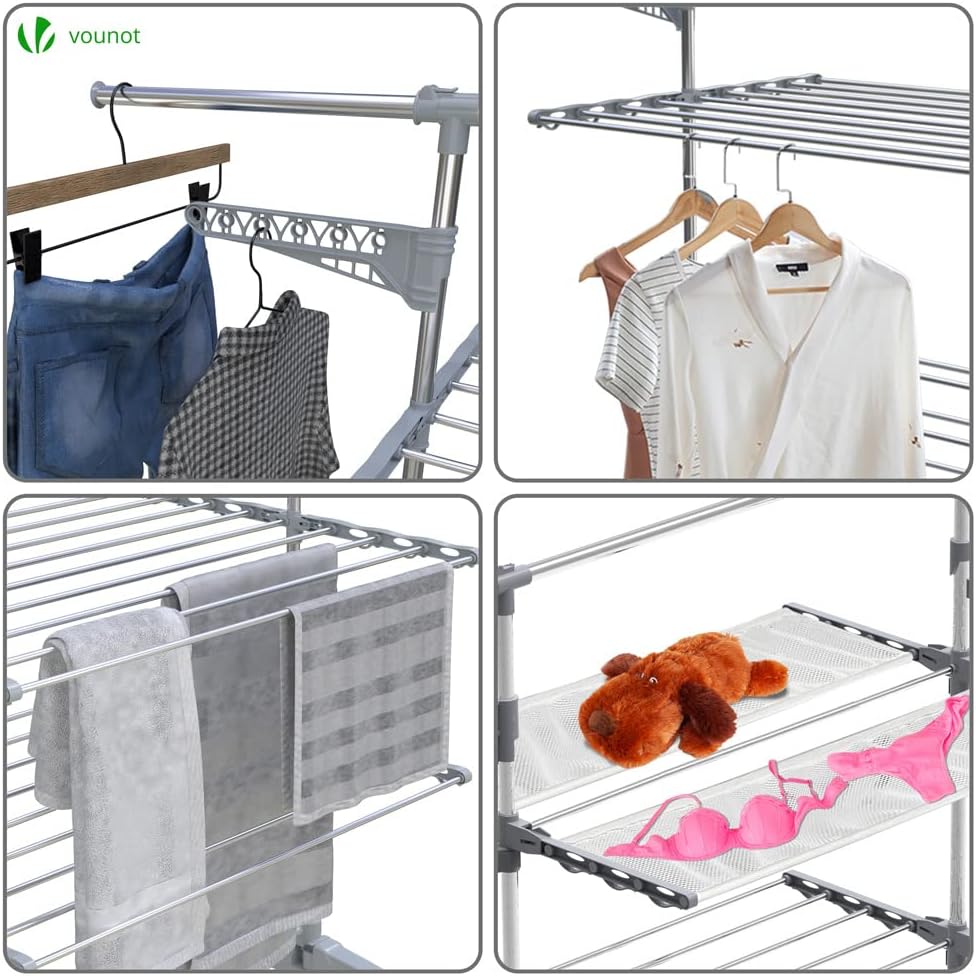 VOUNOT Large 4 Tier Clothes Airer, Laundry Drying Rack Stainless Steel Clothes Horse with Foldable Wings, Telescopic Rod for Indoor Outdoor-6