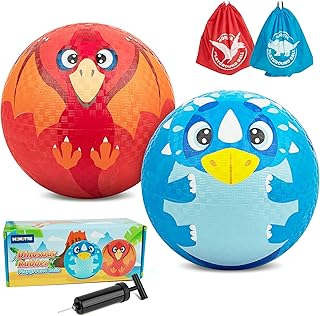 Homotte 2Pcs Dinosaur Rubber Balls for Playground, 8.5 Inch Kickballs Dodge Balls for Kids Age 4-8, 8-12 with Pump and Drawstring Bags(Blue Triceratops+Red Pterosaur)