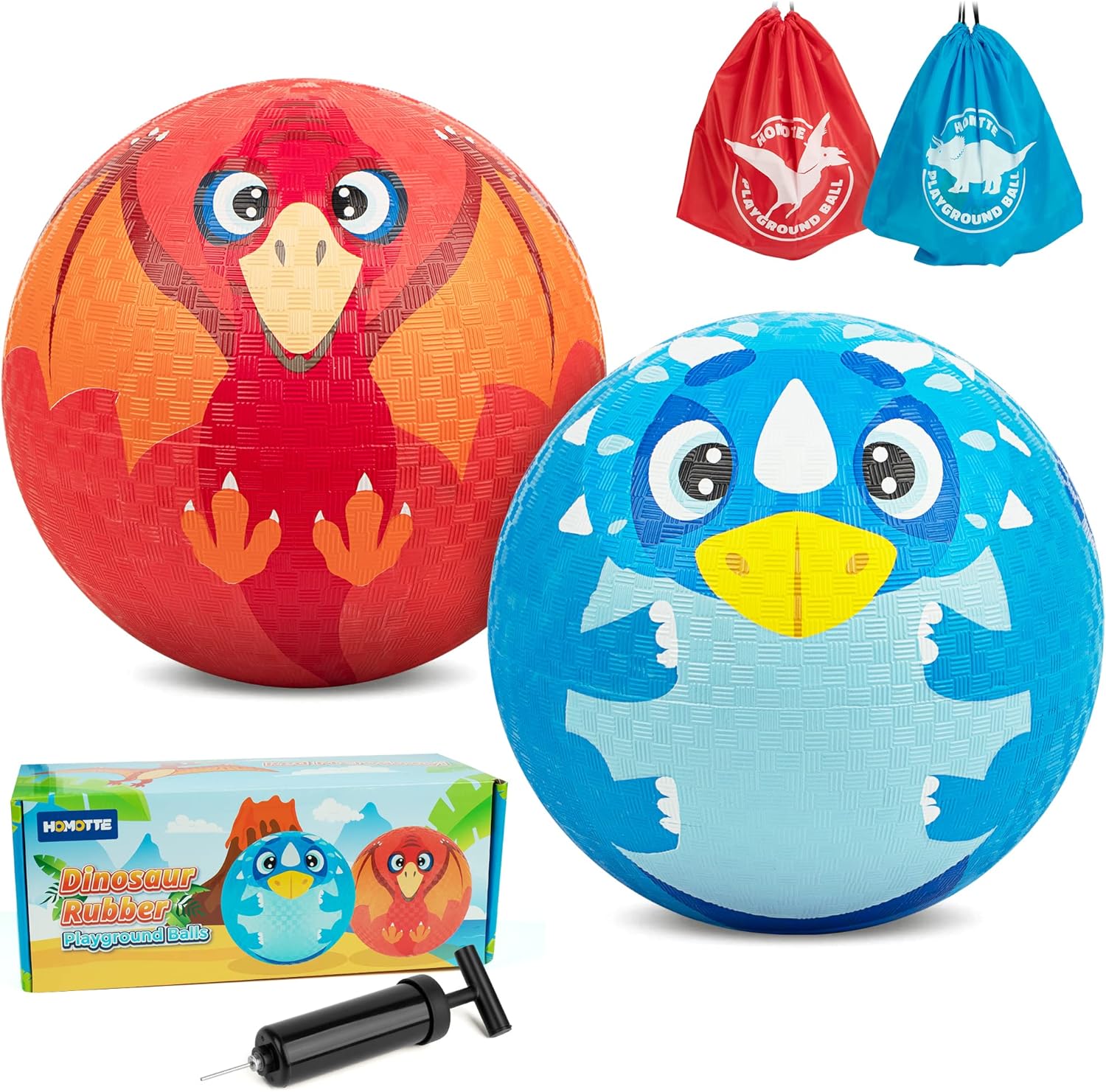 Homotte 2Pcs Dinosaur Rubber Balls for Playground, 8.5 Inch Kickballs Dodge Balls for Kids Age 4-8, 8-12 with Pump and Drawstring Bags(Blue Triceratops+Red Pterosaur)-0