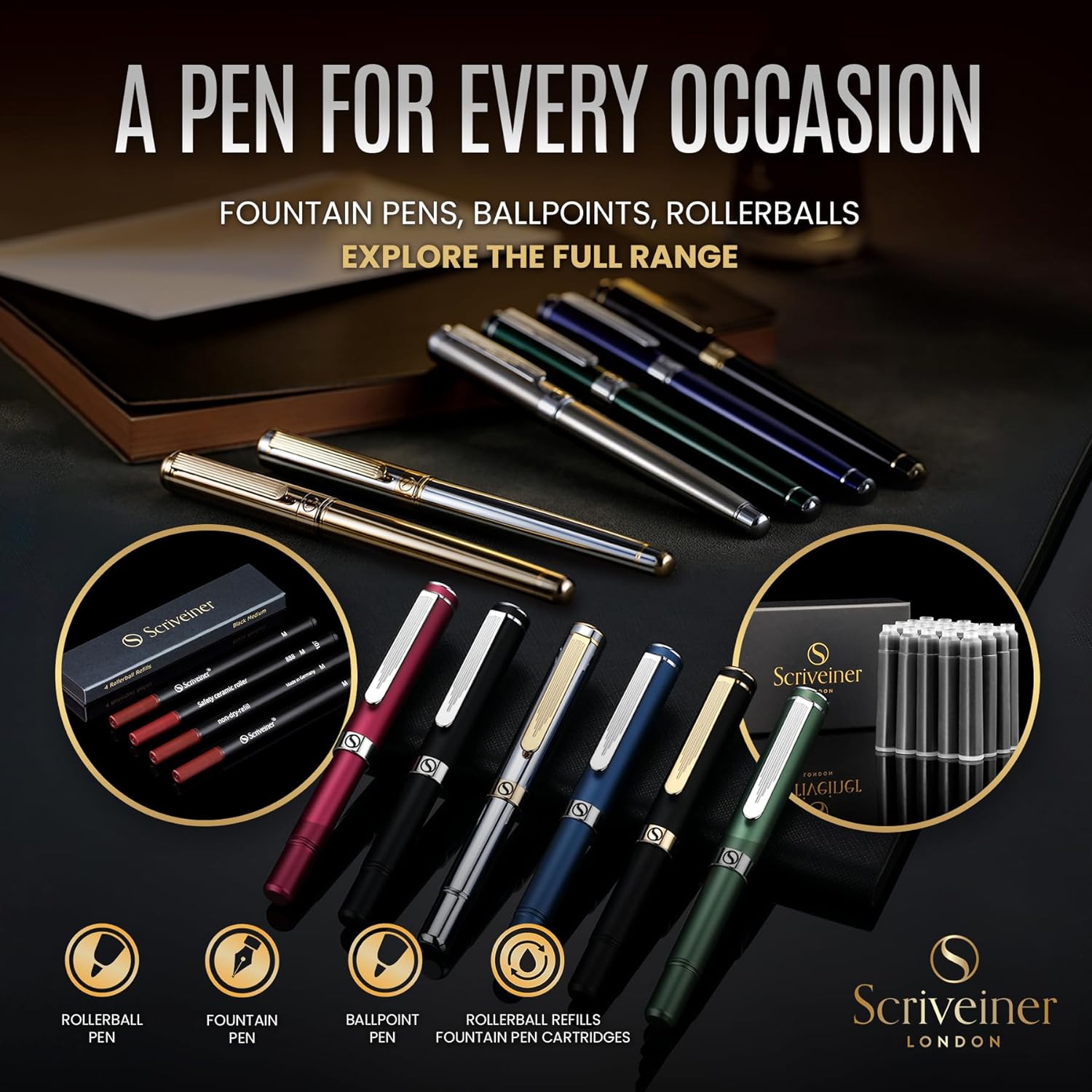 Scriveiner Brass EDC Luxury Rollerball Pen, Stunning Heavy Pocket Pen, Hand Brushed Finish, Cool Writing Pen, Best Pen Gift for Men, Women, German Schmidt Refill, Nice Fancy Office Designer Pen Set-5