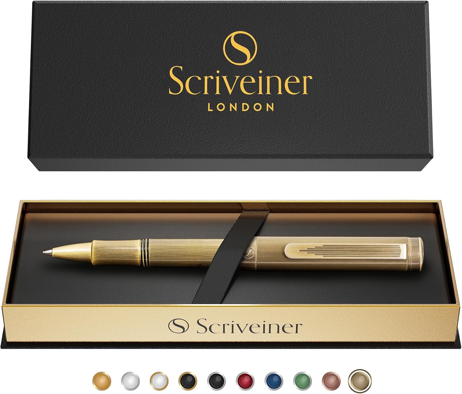 Scriveiner Brass EDC Luxury Rollerball Pen, Stunning Heavy Pocket Pen, Hand Brushed Finish, Cool Writing Pen, Best Pen Gift for Men, Women, German Schmidt Refill, Nice Fancy Office Designer Pen Set-8