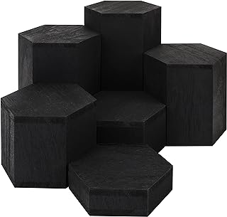 BELLE VOUS 6 Pack of Black Wooden Hexagon Display Risers - Wood Showcase Stands for Shelves and Countertops - Step Plinths for Jewellery, Retail, Figures, Cupcakes and Desserts