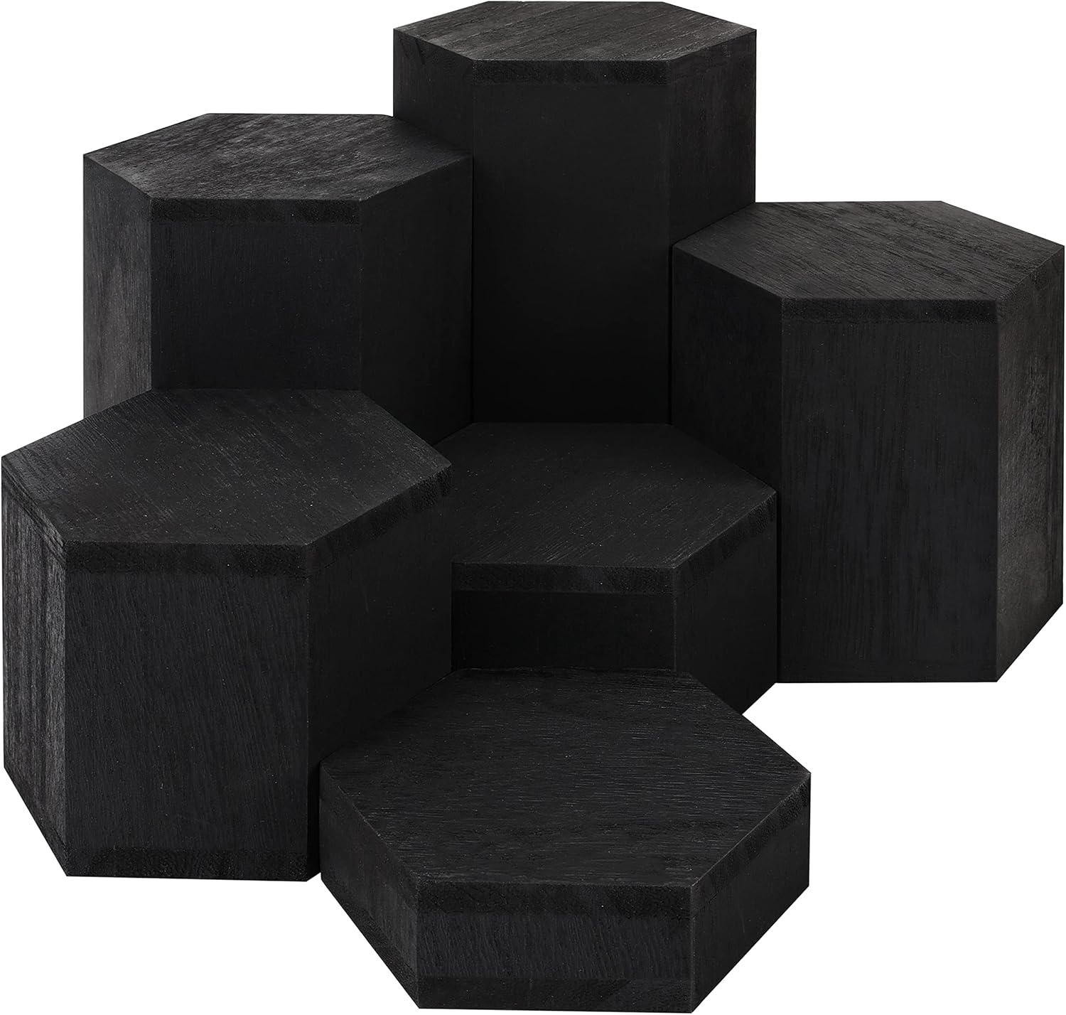 BELLE VOUS 6 Pack of Black Wooden Hexagon Display Risers - Wood Showcase Stands for Shelves and Countertops - Step Plinths for Jewellery, Retail, Figures, Cupcakes and Desserts-0