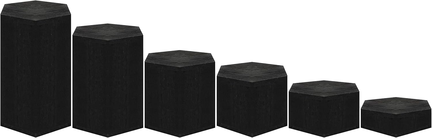 BELLE VOUS 6 Pack of Black Wooden Hexagon Display Risers - Wood Showcase Stands for Shelves and Countertops - Step Plinths for Jewellery, Retail, Figures, Cupcakes and Desserts-2