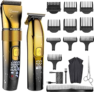 Hatteker Professional Hair Clippers and T-Blade Trimmer Kit for Men Cordless Beard Barber Clipper Hair Cutting Kit Haircut Grooming Kit IPX7 Waterproof(Gold)