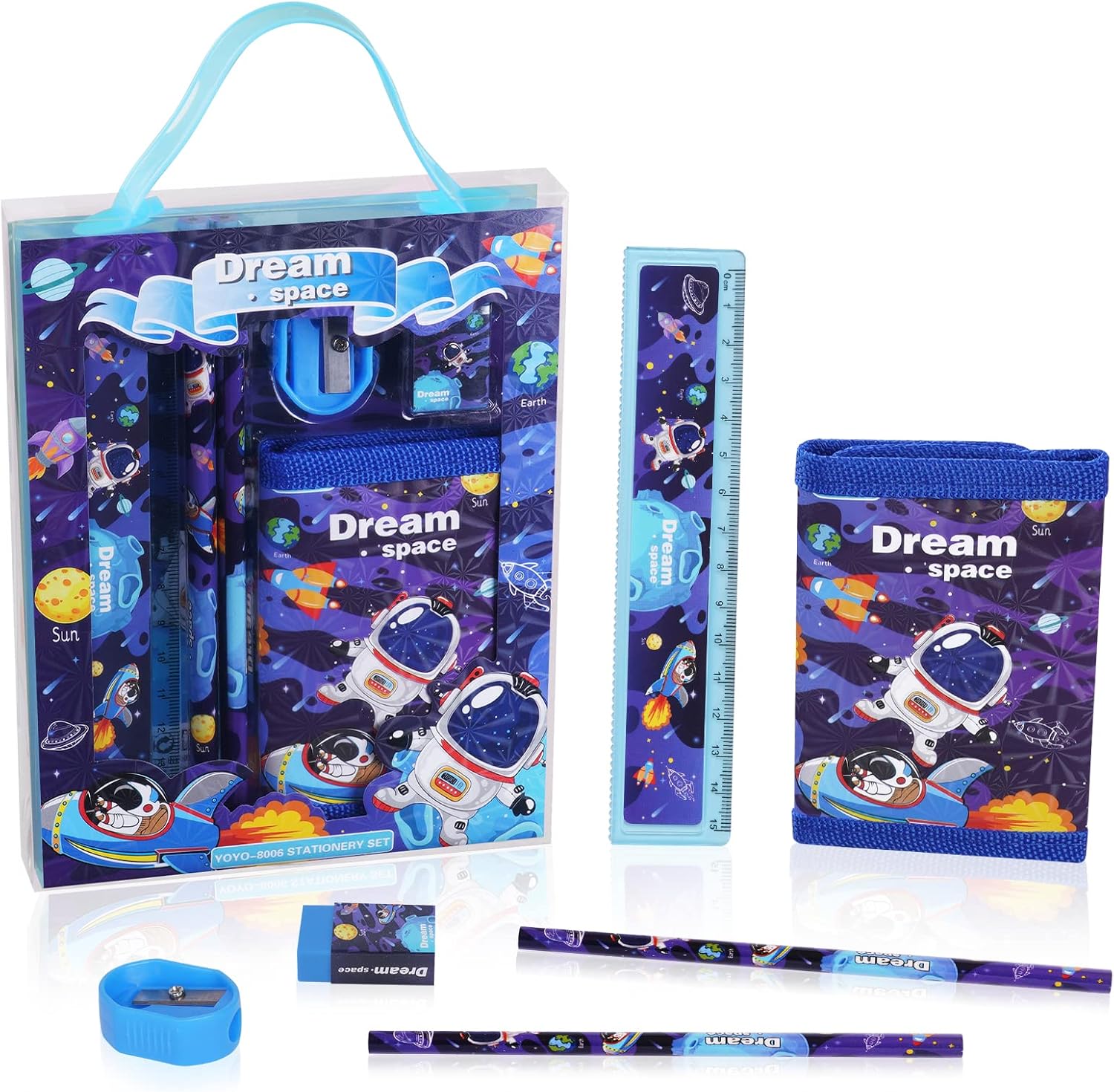 Vicloon Astronaut Stationery Set, Stationery Gift Set, Include 2pcs Pencil Case, Rulers, Eraser, Pencil Sharpener and Coin Purse, Astronaut Stationery Sets for Girls and Boys-0