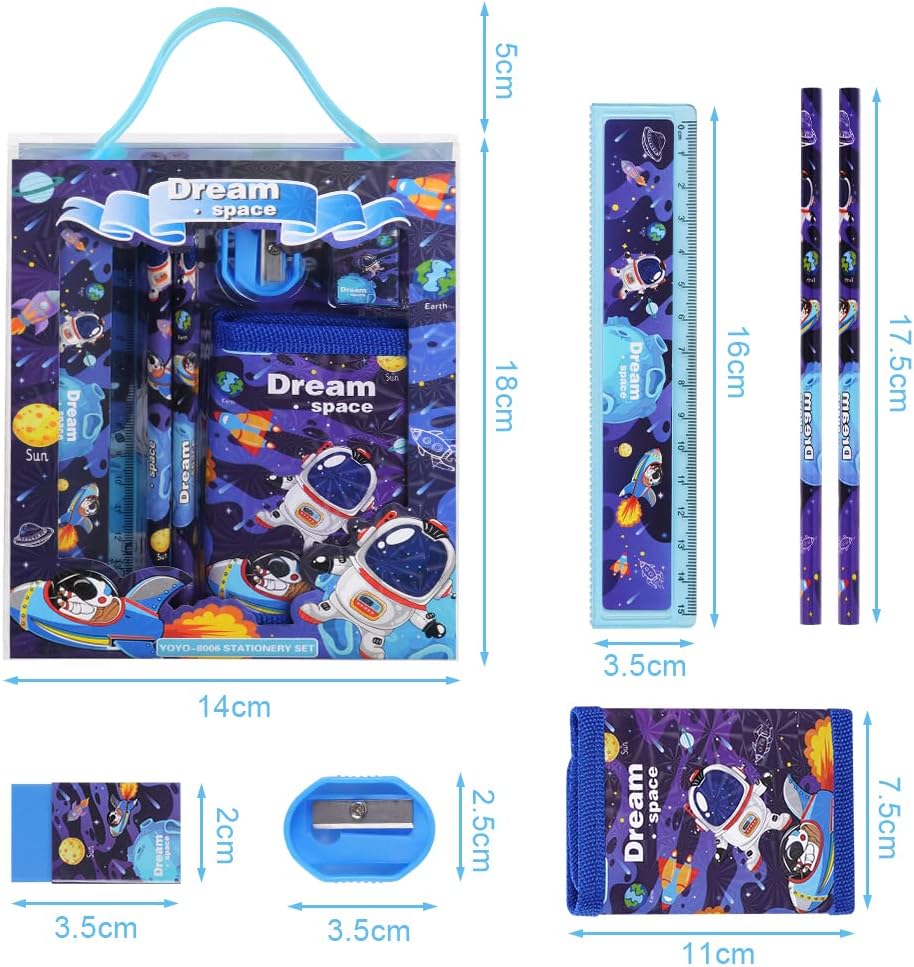 Vicloon Astronaut Stationery Set, Stationery Gift Set, Include 2pcs Pencil Case, Rulers, Eraser, Pencil Sharpener and Coin Purse, Astronaut Stationery Sets for Girls and Boys-1