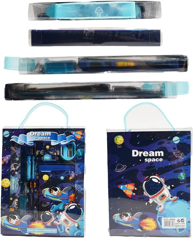 Vicloon Astronaut Stationery Set, Stationery Gift Set, Include 2pcs Pencil Case, Rulers, Eraser, Pencil Sharpener and Coin Purse, Astronaut Stationery Sets for Girls and Boys-7