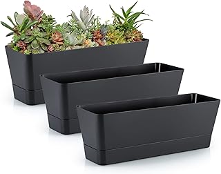 Skelang 3 Pcs Rectangle Plant Pot, Succulent Planter Box with Drainage Holes, Planter Trough for Bay Window, Kitchen Windowsill, Shelf, Coffee Table (Black)