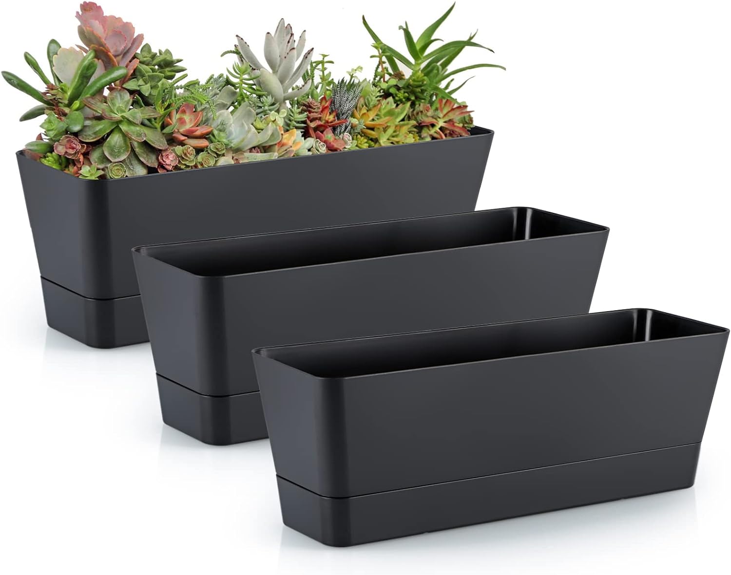 Skelang 3 Pcs Rectangle Plant Pot, Succulent Planter Box with Drainage Holes, Planter Trough for Bay Window, Kitchen Windowsill, Shelf, Coffee Table (Black)-0