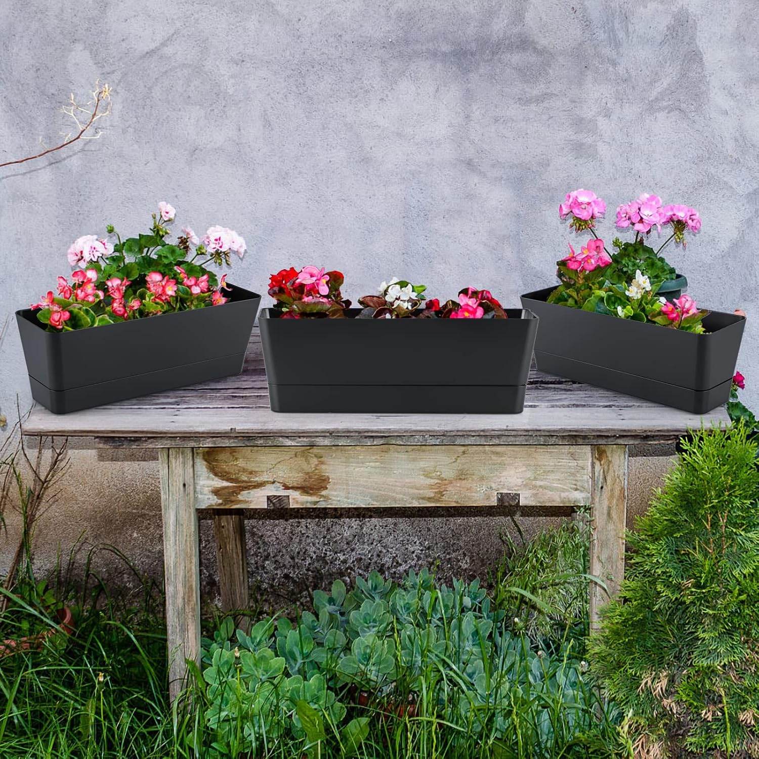 Skelang 3 Pcs Rectangle Plant Pot, Succulent Planter Box with Drainage Holes, Planter Trough for Bay Window, Kitchen Windowsill, Shelf, Coffee Table (Black)-6