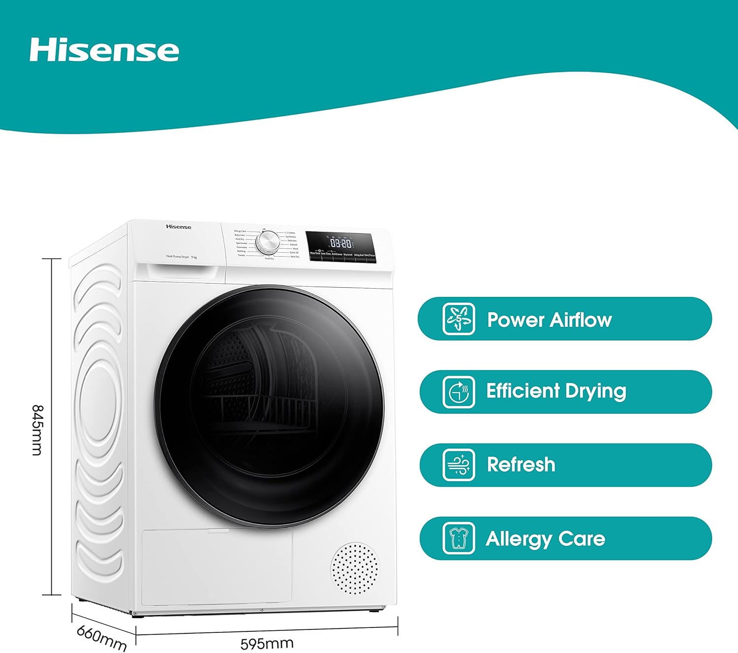 Hisense 3 Series DHQA902U 60cm Freestanding 9 KG Heatpump Front Load Tumble Dryer - 15 Programmes - Auto dry- Steam Refresh - Allergy Care - White-1