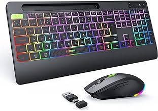 seenda 2.4G Wireless Keyboard and Mouse Combo with Rainbow Backlit, Rechargeable Keyboard and Mice Set UK Layout Full Size with 2 in 1 USB C & USB A Dongle and Wirst Rest, Black